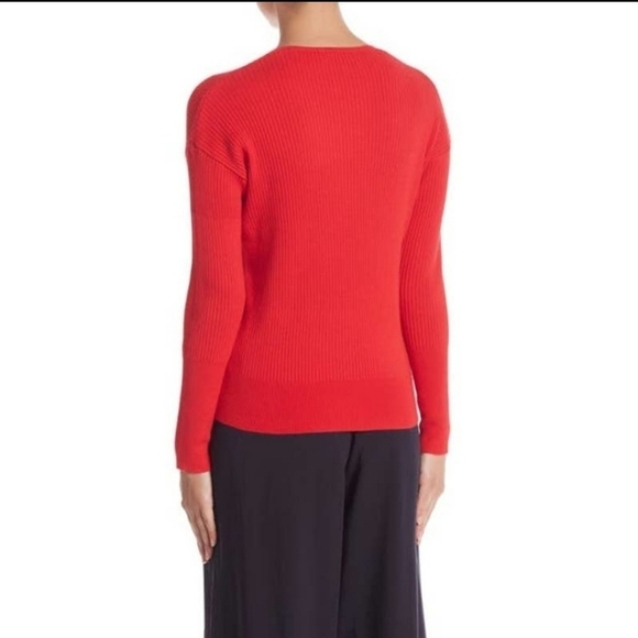Elodie M Red Ribbed Faux Wrap Sweater V-Neck Long Sleeve Soft Office Knit NWT - Picture 3 of 13